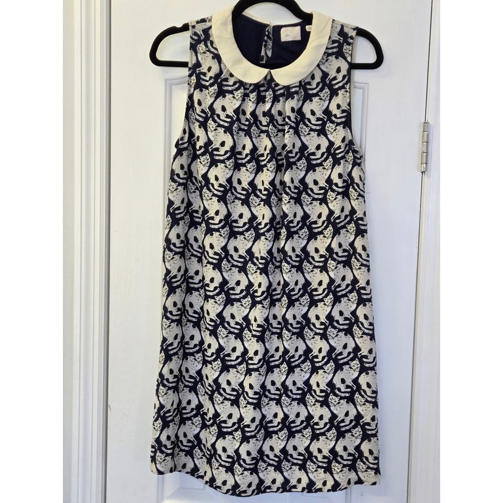 ModCloth Navy Blue Cat Print Peter Pan Collar Sleeveless Shift Dress Medium